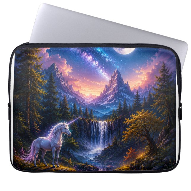 Moonlit Unicorn Fantasy Landscape Laptop Sleeve (Front)