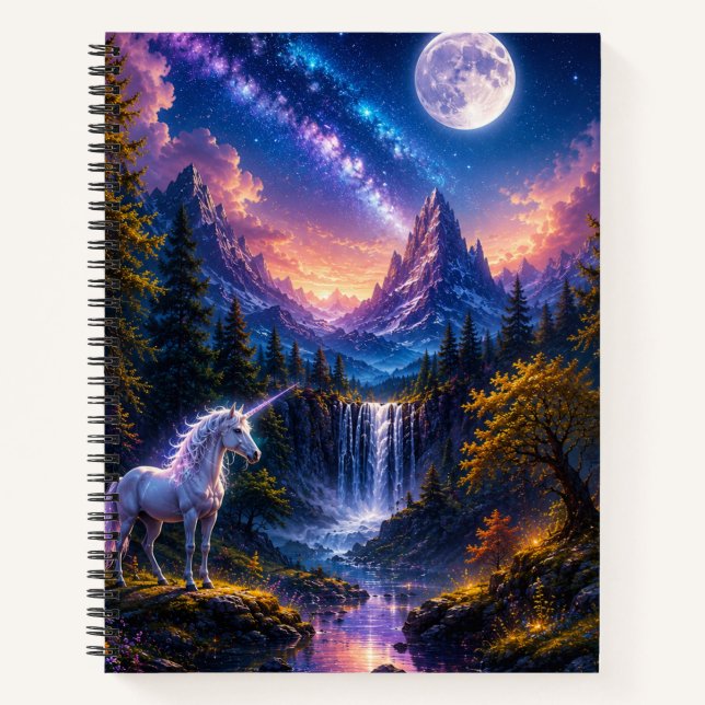 Moonlit Unicorn Fantasy Landscape Spiral Notebook (Front)