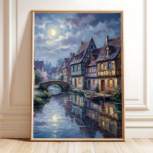 Moonlit Village Wall Art Canvas Print