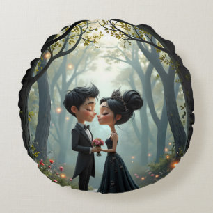 Moonlit Vows – A Cute Gothic Wedding Moment.  Round Cushion