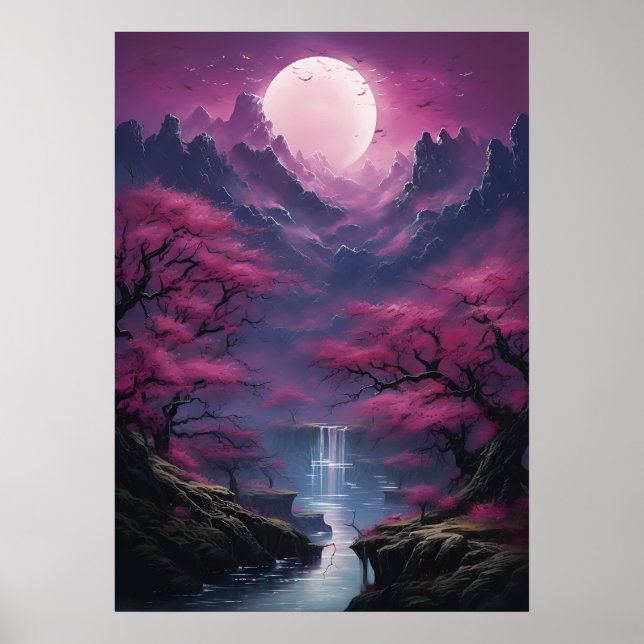 Moonlit Waterfall and Colourful Scenery Poster (Front)