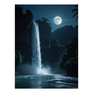 Moonlit Waterfall – Cinematic Night Landscape Poster