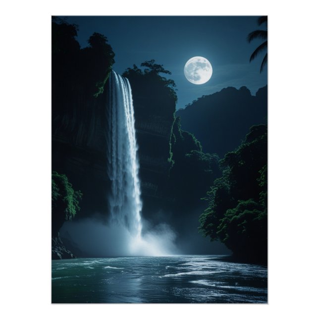 Moonlit Waterfall – Cinematic Night Landscape Poster (Front)