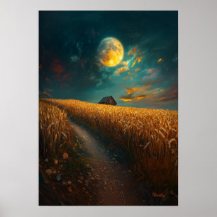 Moonlit Wheat Field - Tranquil Night Landscape Poster