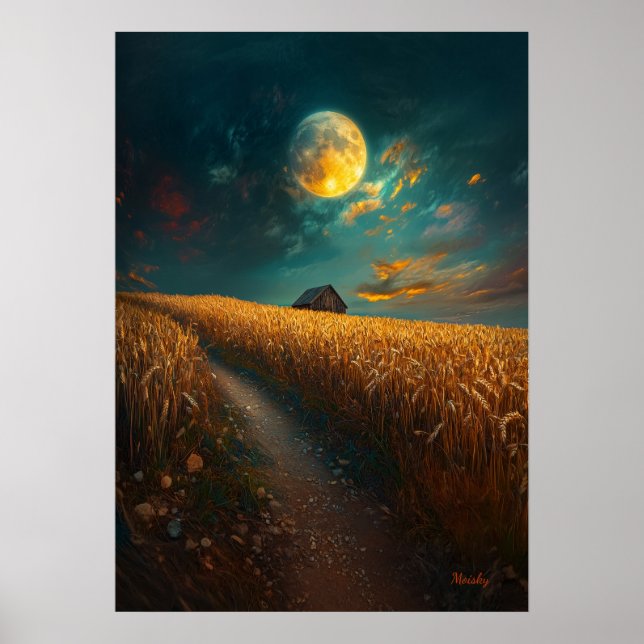Moonlit Wheat Field - Tranquil Night Landscape Poster (Front)