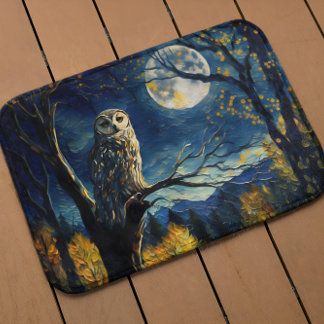 Moonlit Whispers - Van Gogh's Owl in Fall Forest - Bath Mat