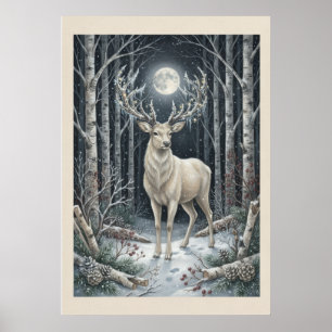 Moonlit White Stag Winter Forest Poster