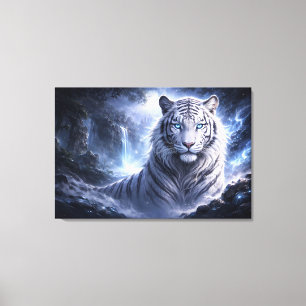 Moonlit White Tiger Guardian – Blue Fantasy Spirit Canvas Print