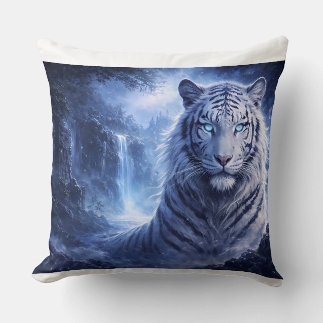 Moonlit White Tiger Guardian – Blue Fantasy Spirit Cushion (Front)