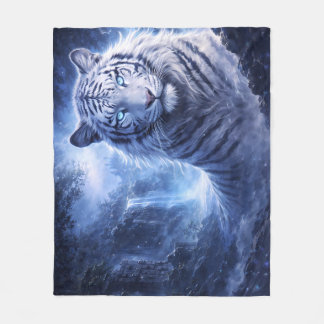 Moonlit White Tiger Guardian – Blue Fantasy Spirit Fleece Blanket