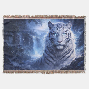 Moonlit White Tiger Guardian – Blue Fantasy Spirit Throw Blanket