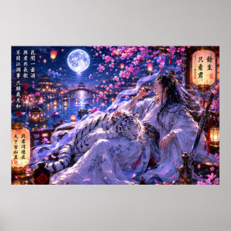 Moonlit White Tiger Guardian – Fantasy Cherry Blos Poster