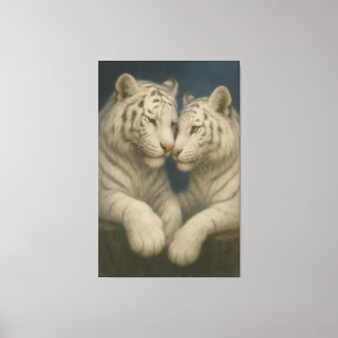 Moonlit White Tigers – Tender Blue Night Embrace Canvas Print