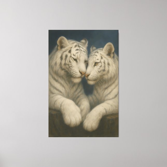 Moonlit White Tigers – Tender Blue Night Embrace Canvas Print (Front)
