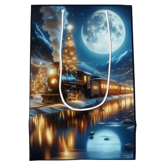 Moonlit Winter Christmas Train Medium Gift Bag (Back)