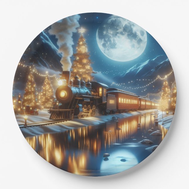 Moonlit Winter Christmas Train Paper Plate (Front)