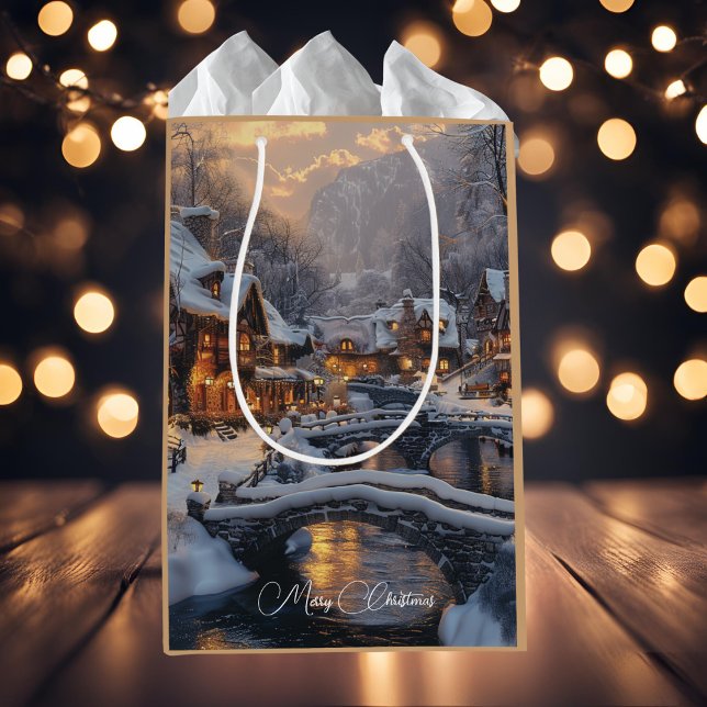 Moonlit Winter Christmas Village Holiday Small Gift Bag (Creator Uploaded)