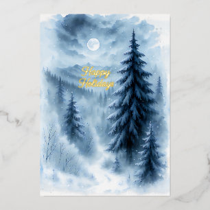 Moonlit Winter Forest Business Cosy Snowy Scene Foil Holiday Card