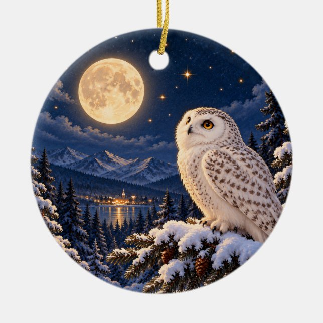 Moonlit Winter Owl Ceramic Circle Ornament (Front)
