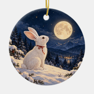 Moonlit Winter Rabbit Ceramic Circle Ornament