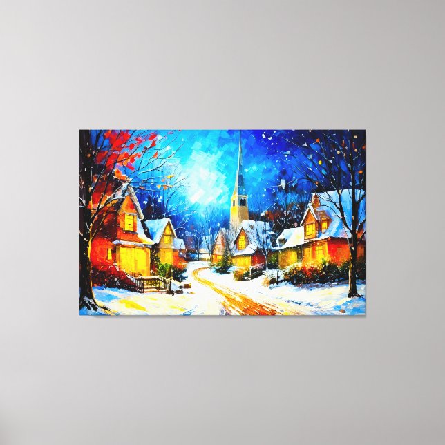 Moonlit Winter Village Reverie Canvas Print (Front)