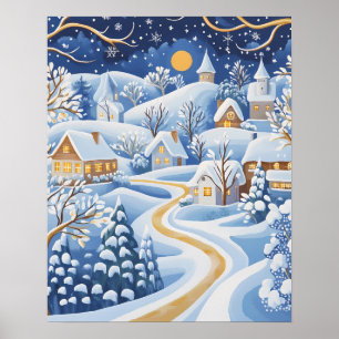 Moonlit Winter Village with Snowy Pathway Poster