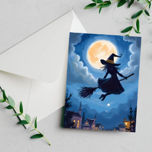 Moonlit Witch Broomstick Halloween Watercolor Holiday Card