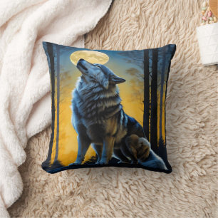 Moonlit Wolf Howling at Dusk.  Cushion