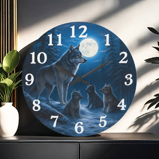 Moonlit wolf pack in snowy forest large clock