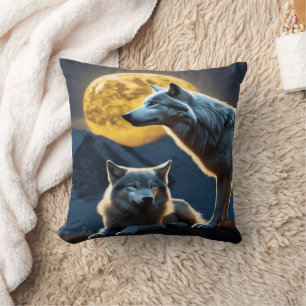 Moonlit Wolves on Mountain Ridge. Cushion
