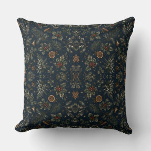 Moonlit Yule Botanical Pattern Throw Pillow