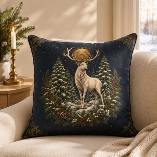 Moonlit Yule White Stag Winter Throw Pillow