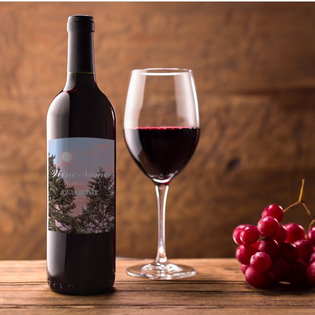 Moonrise at Sunset with Pink Clouds Personalized Wine Label (In Situ)