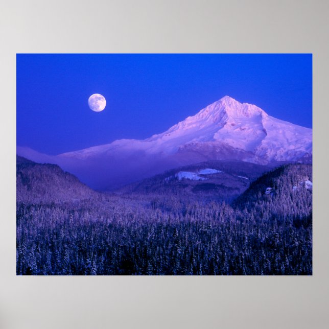 Moonrise Over Mt. Hood Oregon in Winter Poster (Front)
