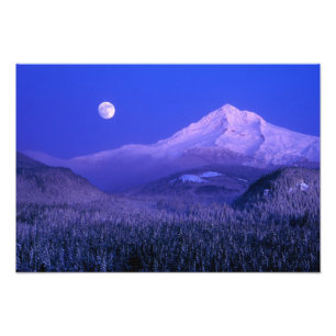 Moonrise over Mt Hood winter, Oregon Photo Print