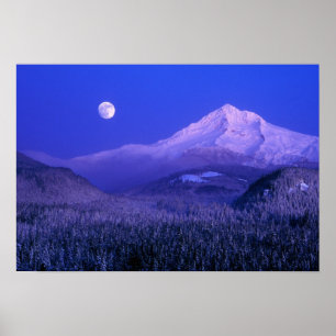 Moonrise over Mt Hood winter, Oregon Poster