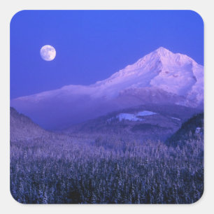 Moonrise over Mt Hood winter, Oregon Square Sticker