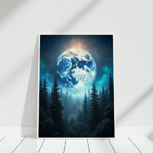 Moonrise Over Pines – Serene Lunar Landscape Art Poster
