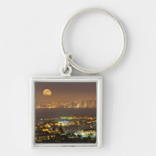 Moonrise over the San Diego skyline Key Ring