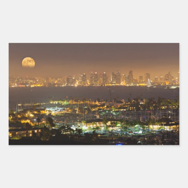 Moonrise over the San Diego skyline Rectangular Sticker (Front)