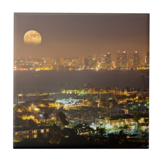 Moonrise over the San Diego skyline Tile (Front)