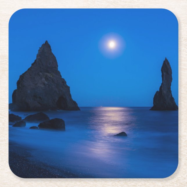 Moonrise Reflection | Iceland, Reynisdrangur Square Paper Coaster (Front)