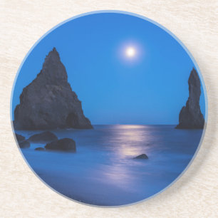 Moonrise reflection on ocean and sea stacks coaster