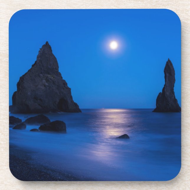 Moonrise reflection on ocean and sea stacks coaster (Front)