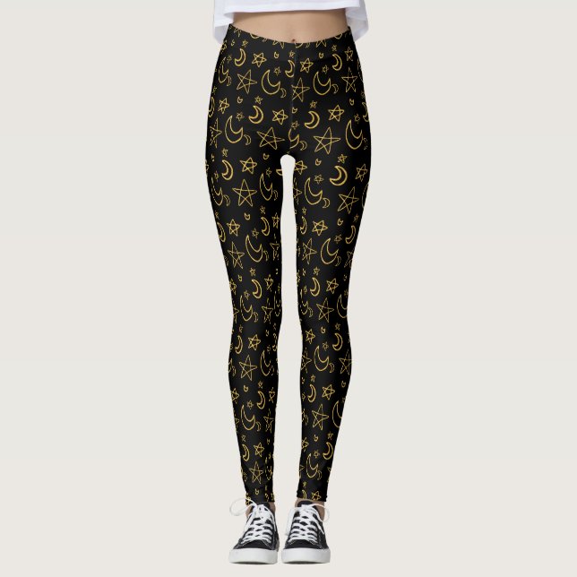 Moons and Stars Gold Pattern Leggings (Front)