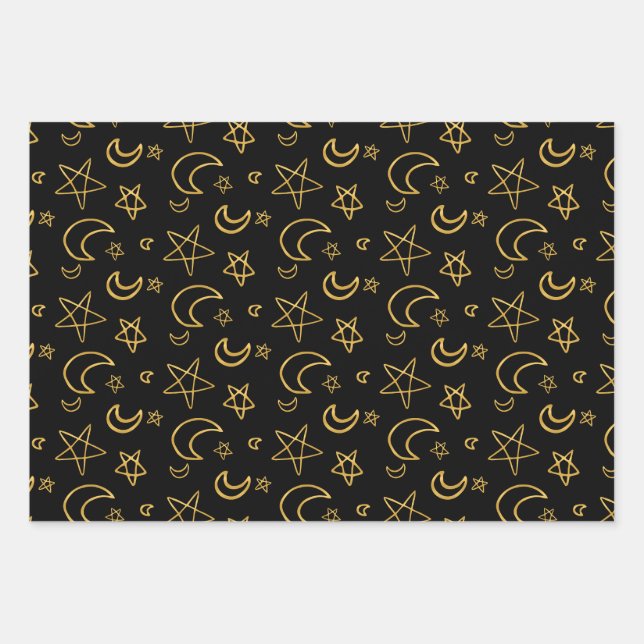 Moons and Stars Gold Pattern Wrapping Paper Sheet (Front)