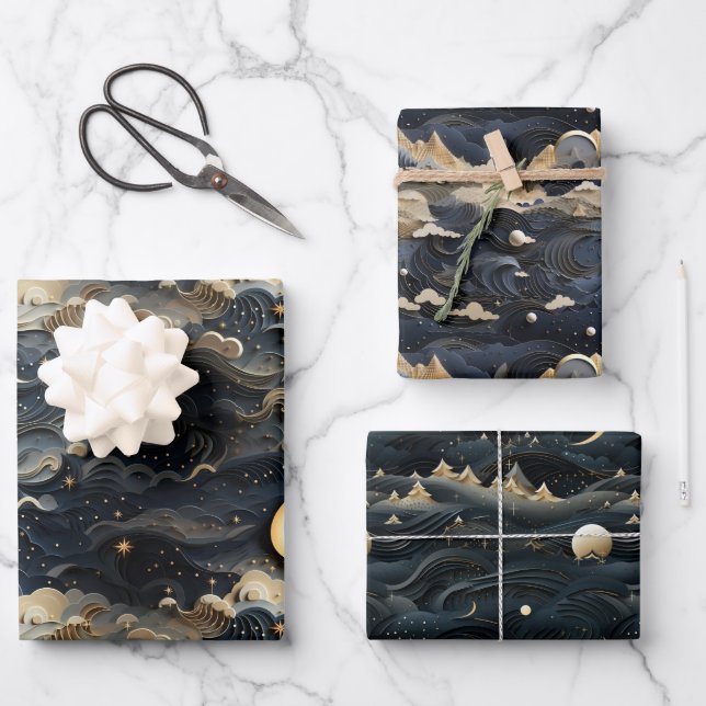 Moon's Journey: Celestial 3D Night Sky Design Wrapping Paper Sheet (Front)