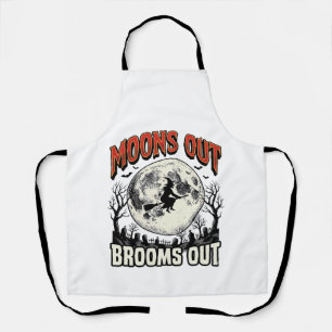 Moons Out Brooms Out Vintage Halloween Witch Desig Apron
