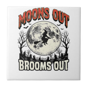 Moons Out Brooms Out Vintage Halloween Witch Desig Tile