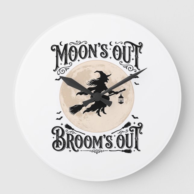 Moons Out Brooms Out Witch Halloween Large Clock (Front)